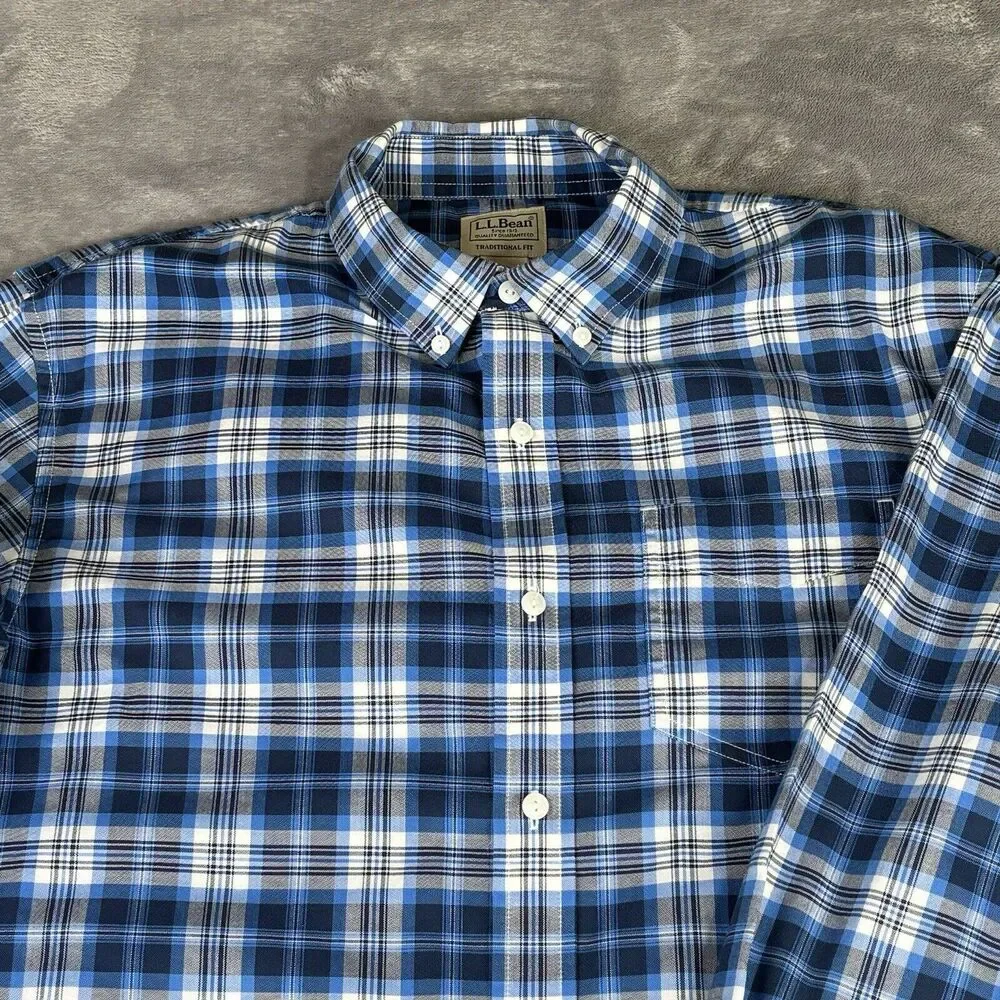 LL Bean Shirt Mens L Blue Plaid Traditional Fit Long Sleeve 500508 Crisp‎ Cotton